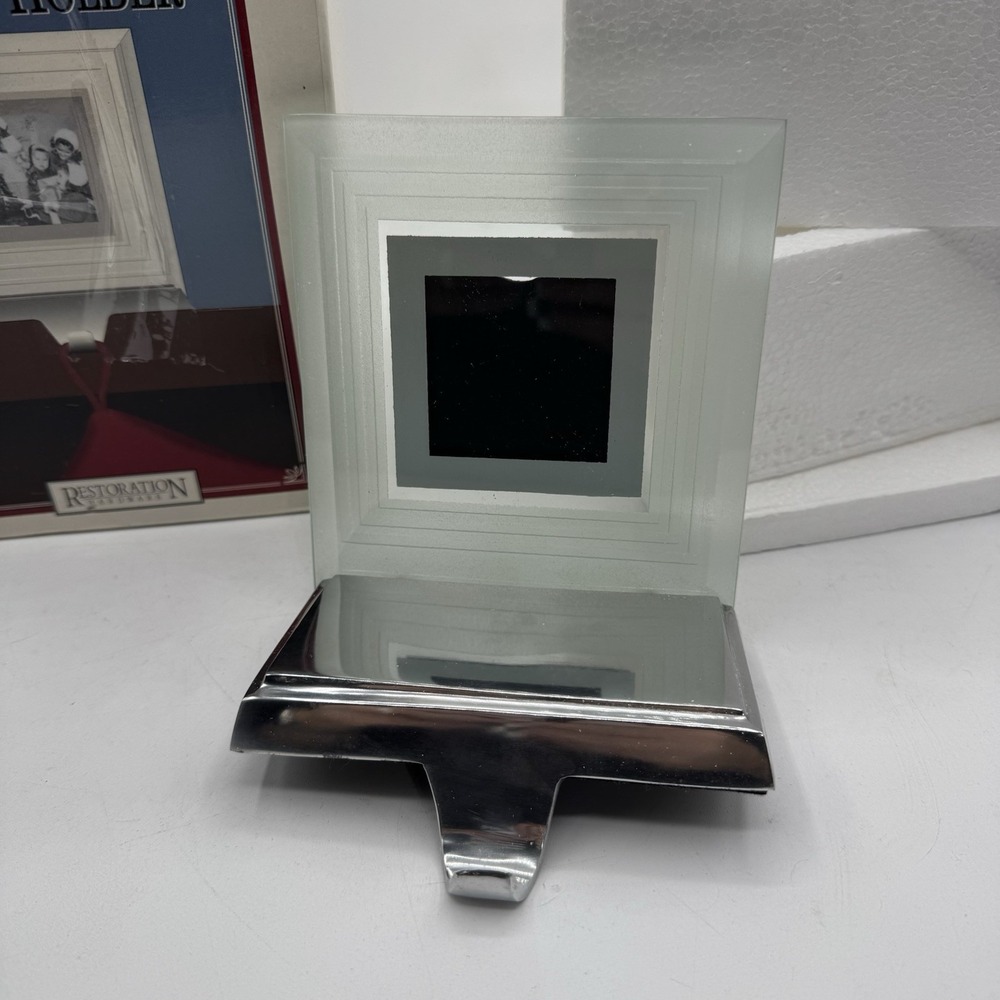 Vtg RESTORATION HARDWARE Silvertone Bevel Glass Frame Stocking Hanger Holder 6"